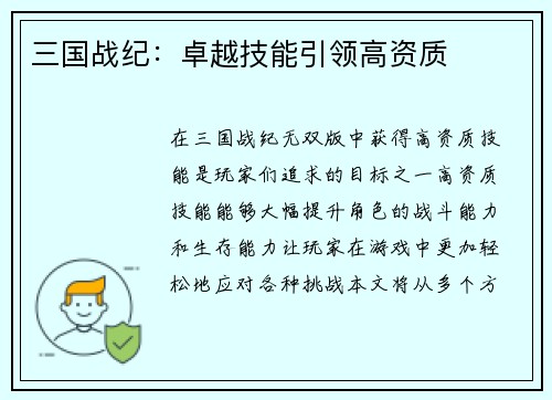 三国战纪：卓越技能引领高资质